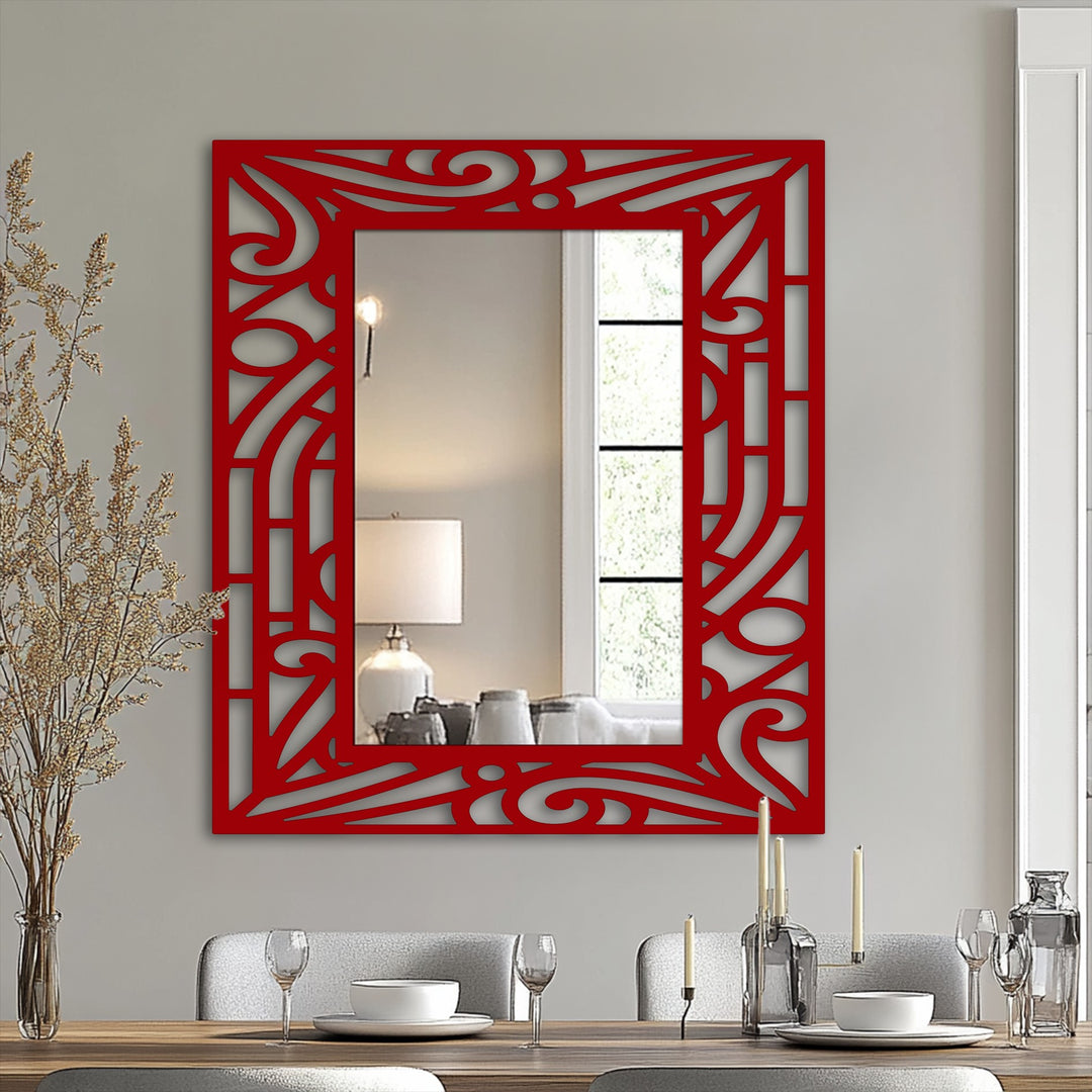 Organic forms compose the abstract curved line pattern in this decorative metal art, creating a unique frame for the modern floor mirror.