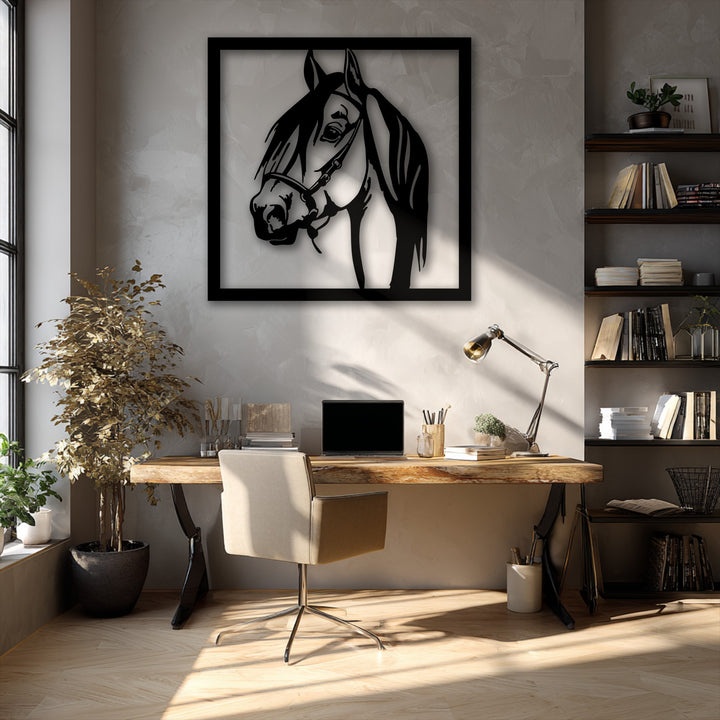 The nuanced transition between bright sunlight and deep shadows across the textured wall beautifully frames the dramatic graceful stallion decorative metal art.