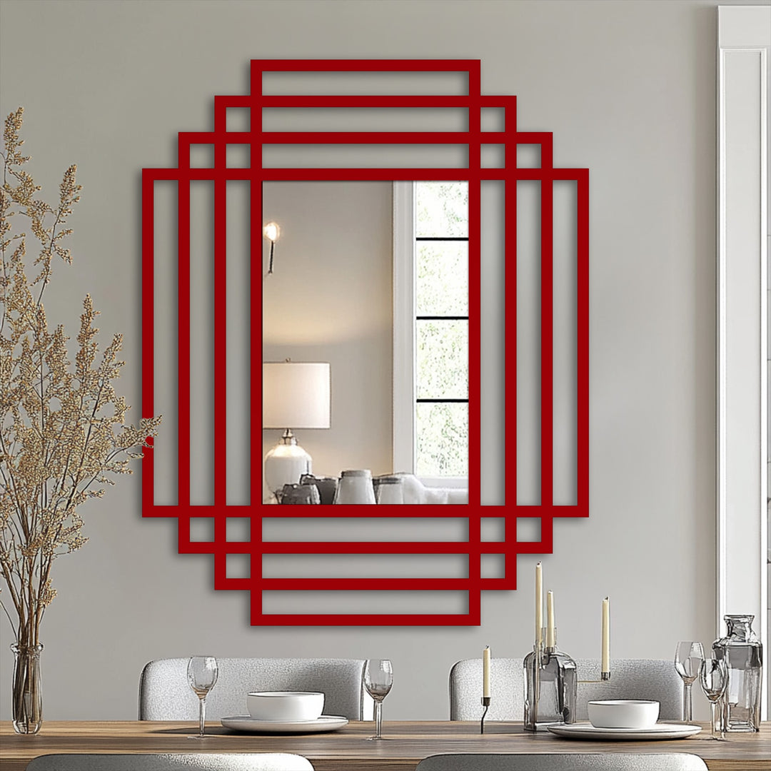 Dominant red geometric framed mirror for wall decor features a symmetrical grid design, offering a modern, layered look in metal.