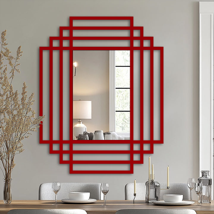Dominant red geometric framed mirror for wall decor features a symmetrical grid design, offering a modern, layered look in metal.