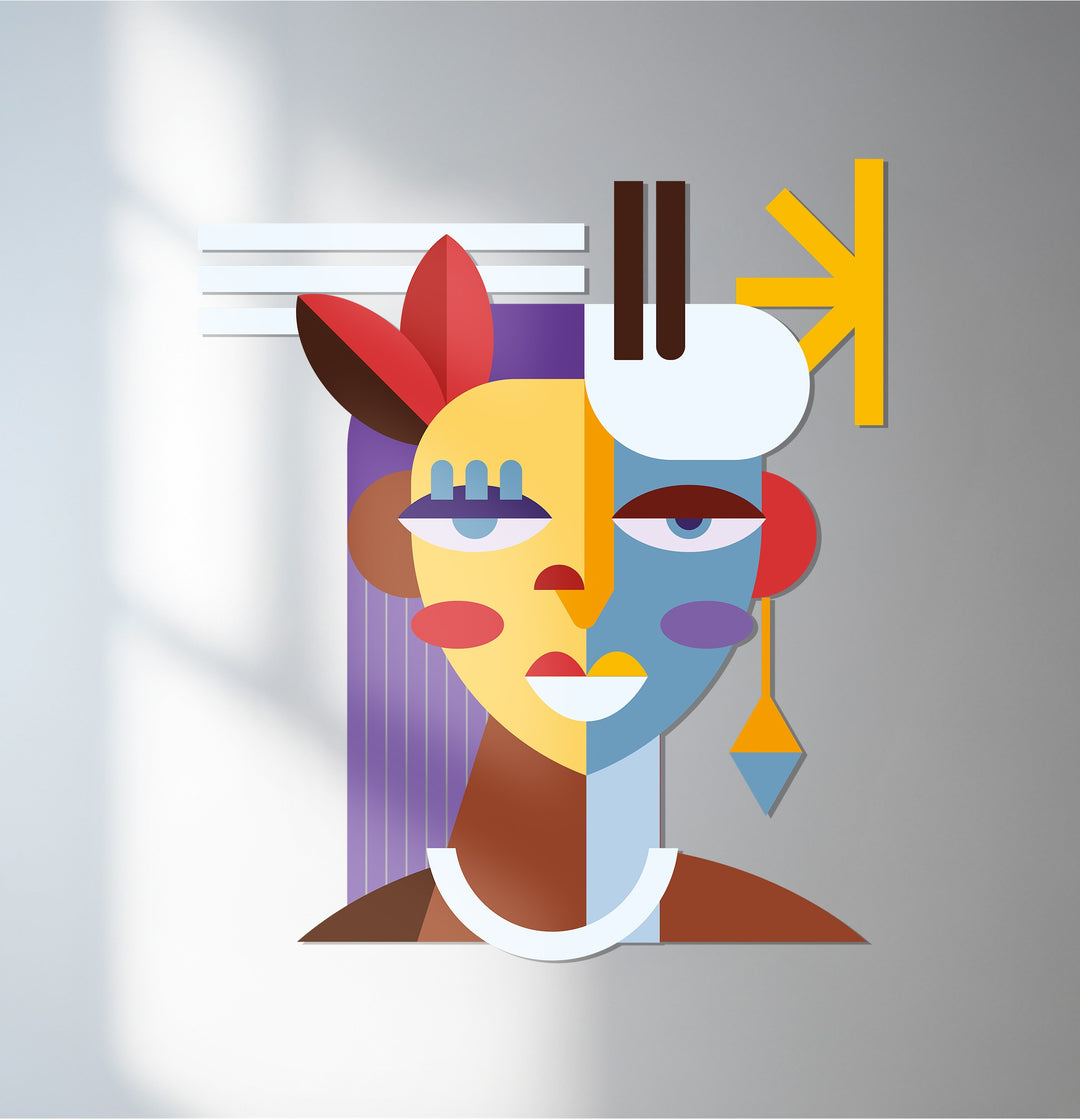 Abstract woman face metal wall art in colorful cubist style
