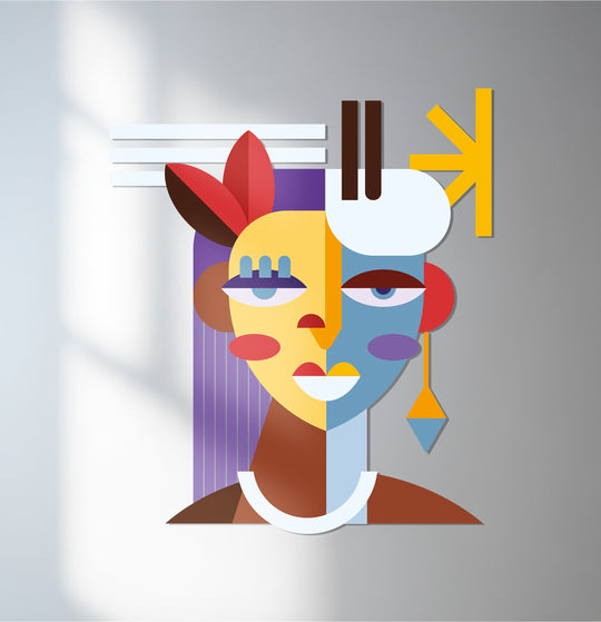 Abstract woman face metal wall art in colorful cubist style