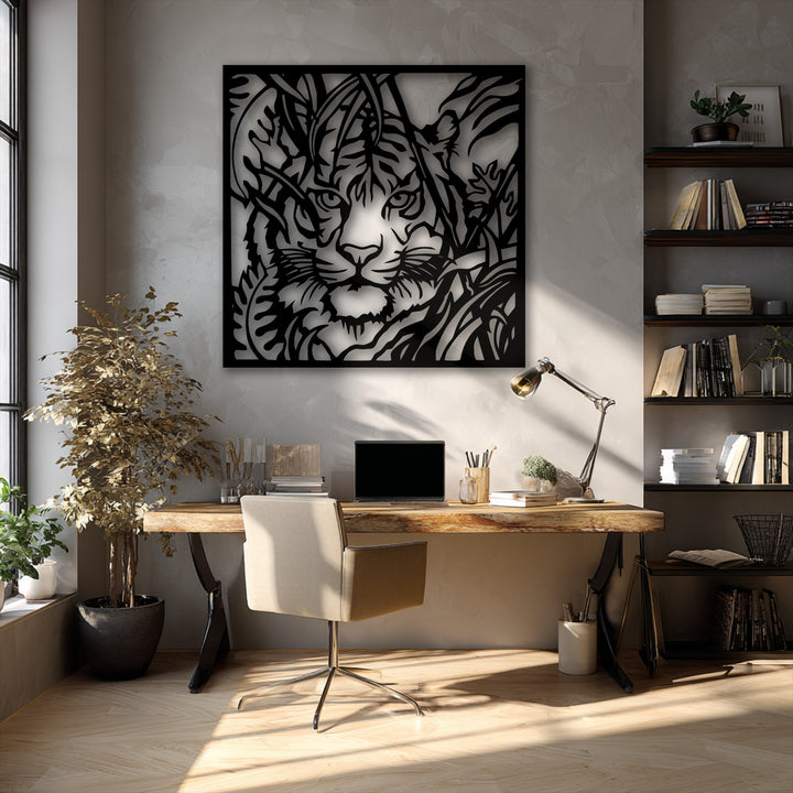 The darkest areas define the striking unique metal wall art featuring a tiger peering through intricate jungle foliage.