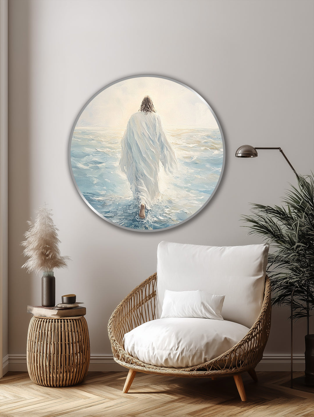 Seen from behind, the figure in this faith-inspired round oil painting artwork is walking on water, a powerful symbol of hope and peace.