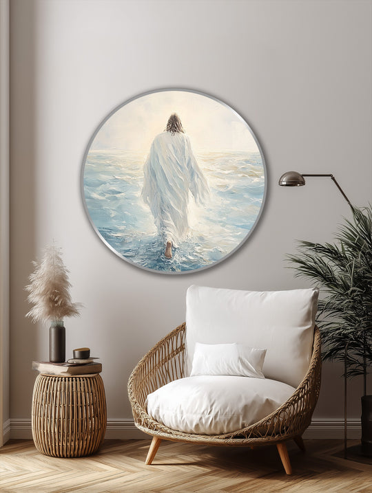 Seen from behind, the figure in this faith-inspired round oil painting artwork is walking on water, a powerful symbol of hope and peace.