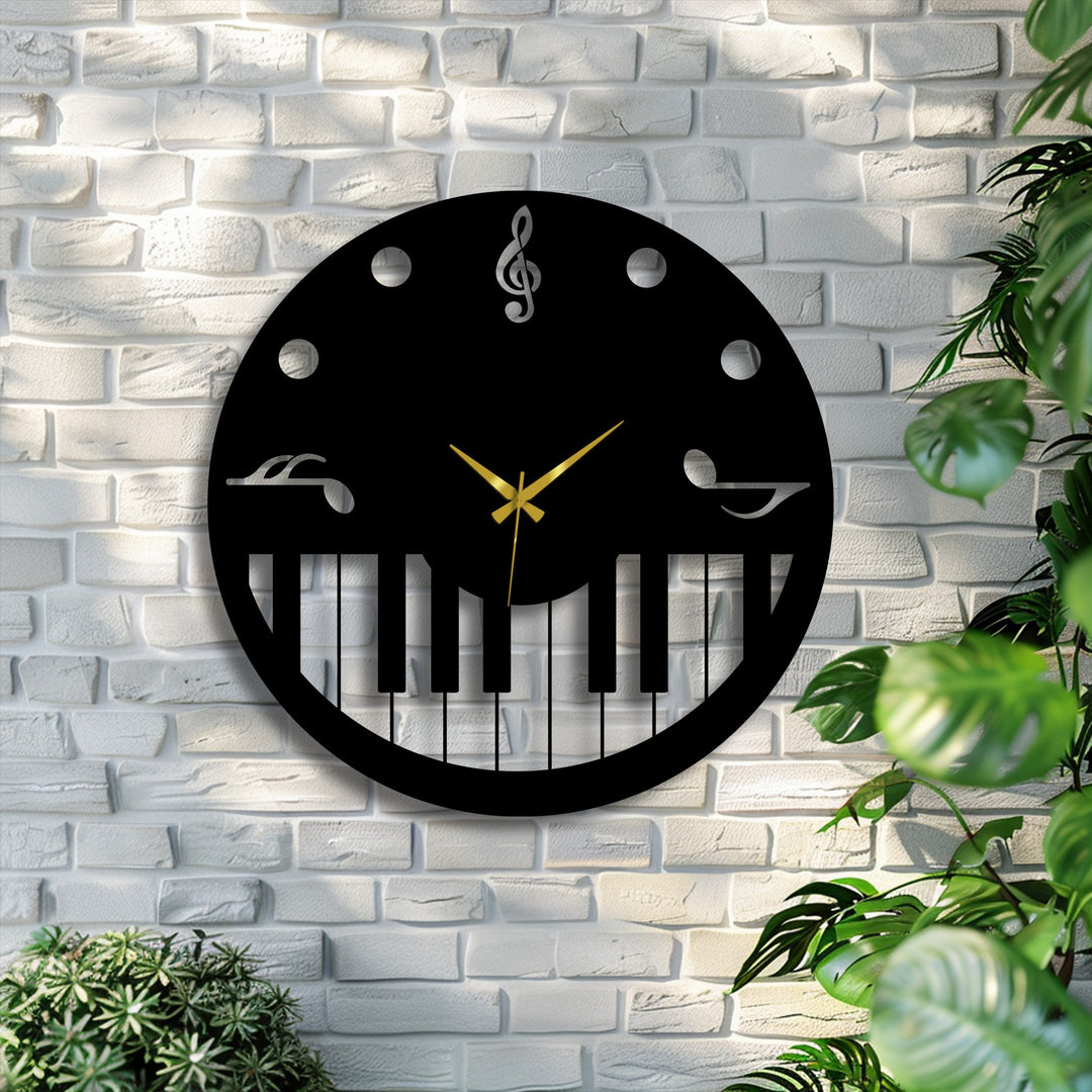 Rough white brick provides a textured backdrop for the sleek, matte decorative metal art clock with its smooth piano key design.