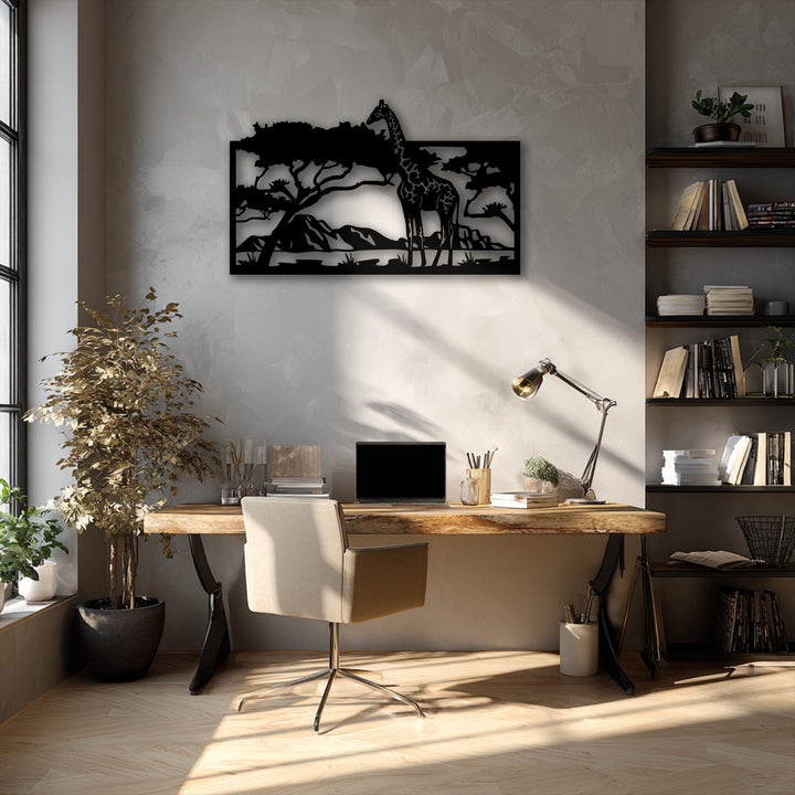 The metal art for wall featuring a savannah giraffe silhouette is bathed in a warm, golden light, highlighting the scene with radiant hues.