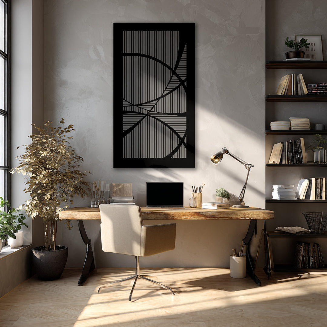 Intricate depth and layers are created by the abstract geometric lines and curves on a modern metal wall decor piece, casting subtle shadows.
