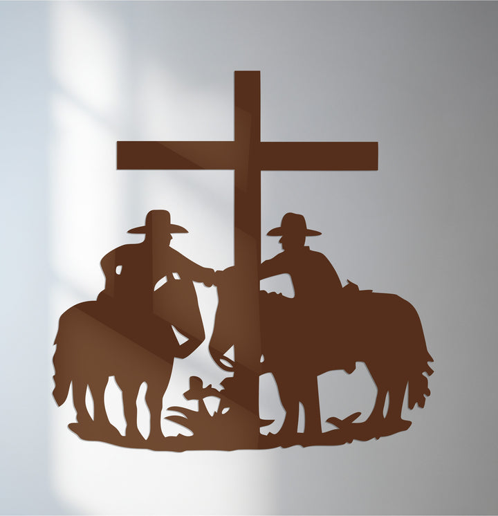 Cowboys and cross western faith metal wall art