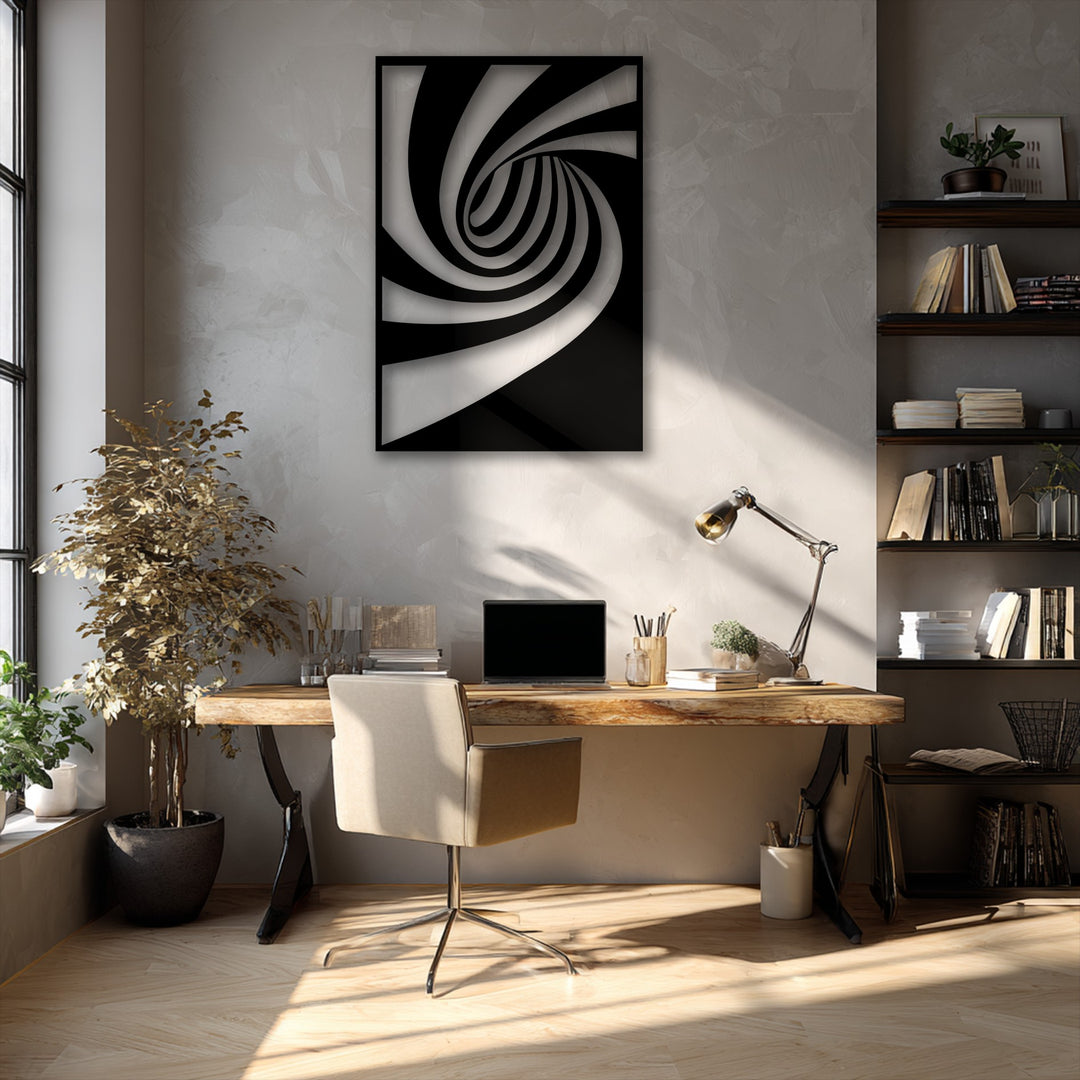 The textured light gray wall with subtle shadows provides a contemporary backdrop for the abstract spiral metal decoration wall art.