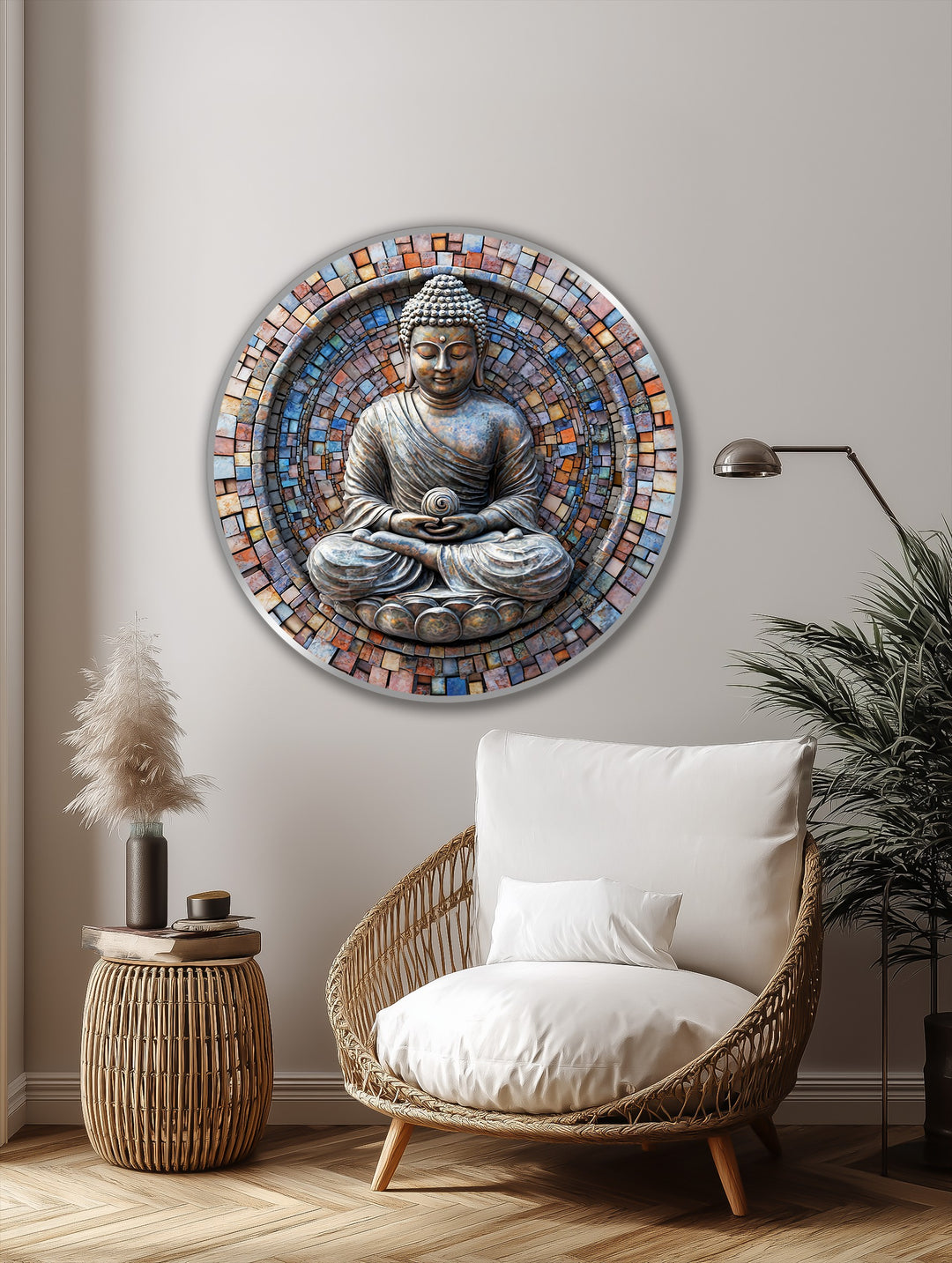 Intertwined organic forms compose a round Buddha mosaic oil painting wall art, creating a spiritual, circular impression with its vibrant halo of tile-like patterns.