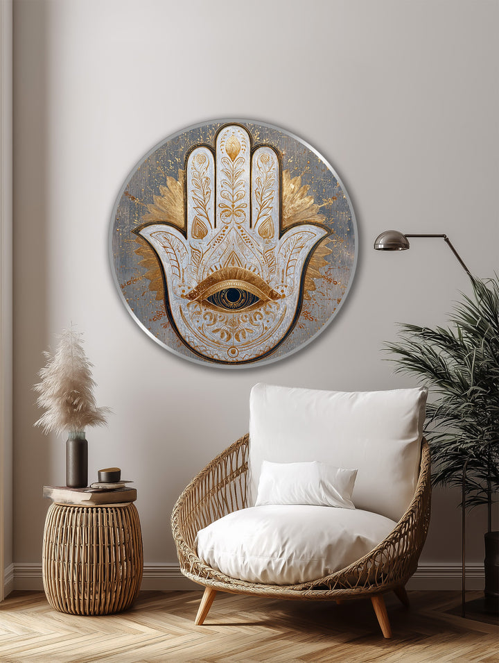 The stillness emanates from the sacred Hamsa eye, an ornate oil painting decoration on wood, radiating golden details and protective symbolism.