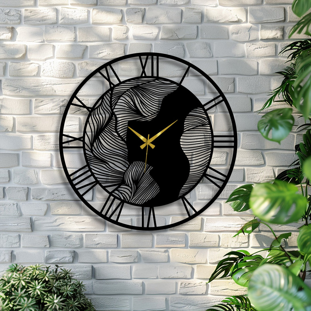 Circular, horizontally oriented metal artwork clock showcases an abstract wave design with roman numerals, enhancing its modern artistic decor.