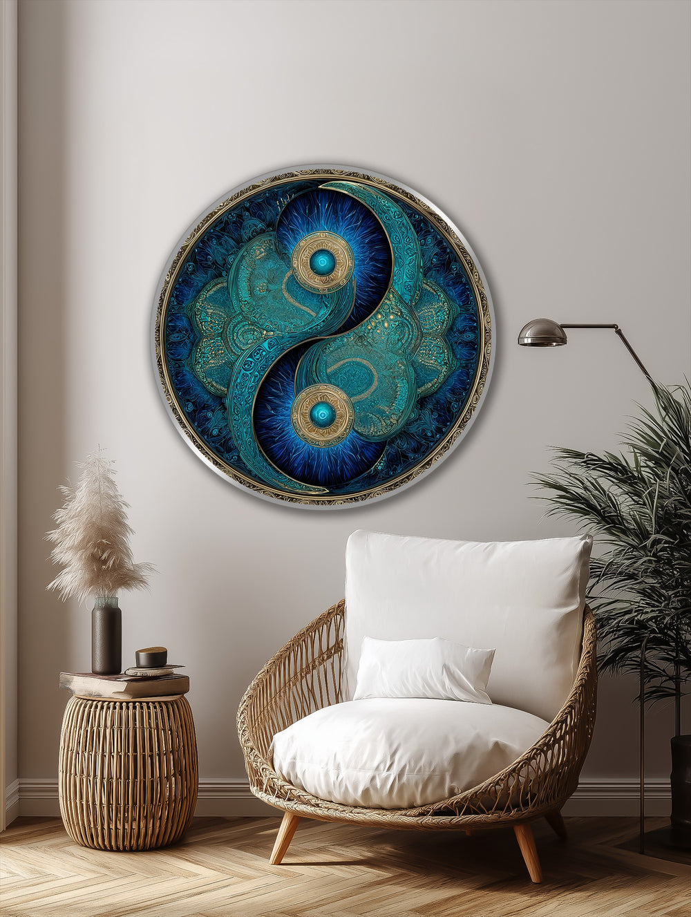 Brightest radiant centers highlight this turquoise yin yang, a round oil painting art prints emphasizing eternal balance with intricate gold detailing.
