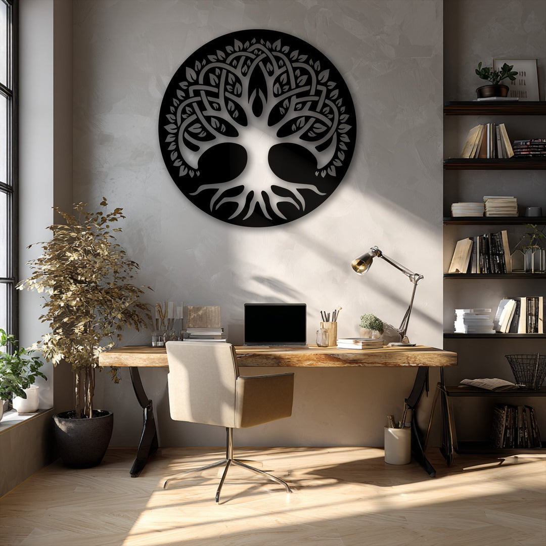 The darkest area prominently features the intricate black Sacred Tree of Life Circle, an eye-catching Celtic inspired metal decoration wall art.