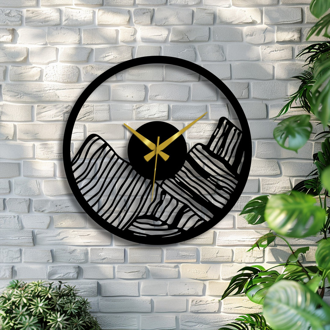 Visual rhythm is achieved in the modern canyon landscape metal wall clock through alternating lines and open spaces, creating an engaging piece of metal wall decor.