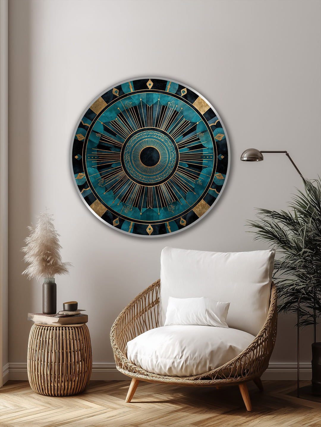 Radiant Teal & Gold Mandala – Abstract Round Oil Painting