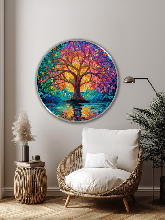 Radiant colors explode off this round, abstract oil painting reproduction print showcasing a tree of life with leaves of every hue mirrored in the tranquil waters below.