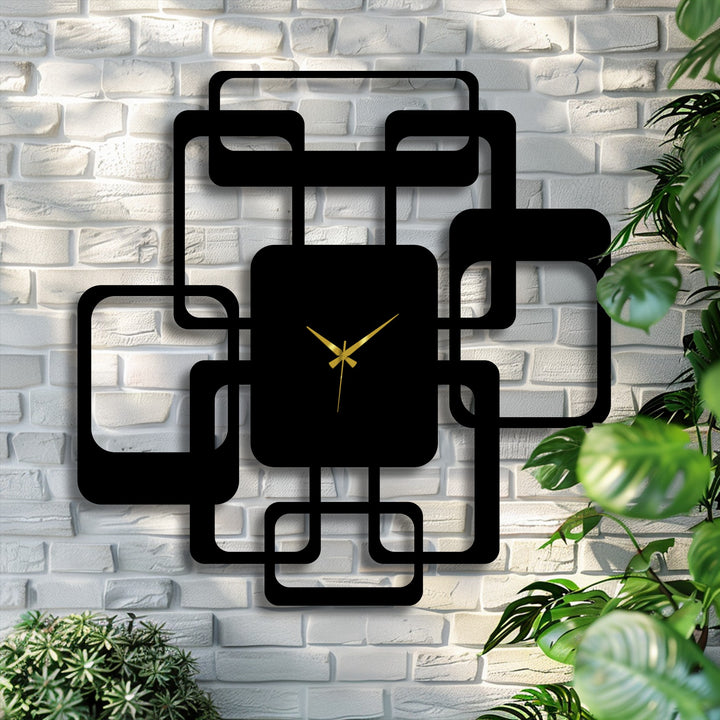 Highlighting the abstract quality, this interlocking squares metal artwork forms a modern, geometric wall clock, making it a stylish contemporary décor piece.
