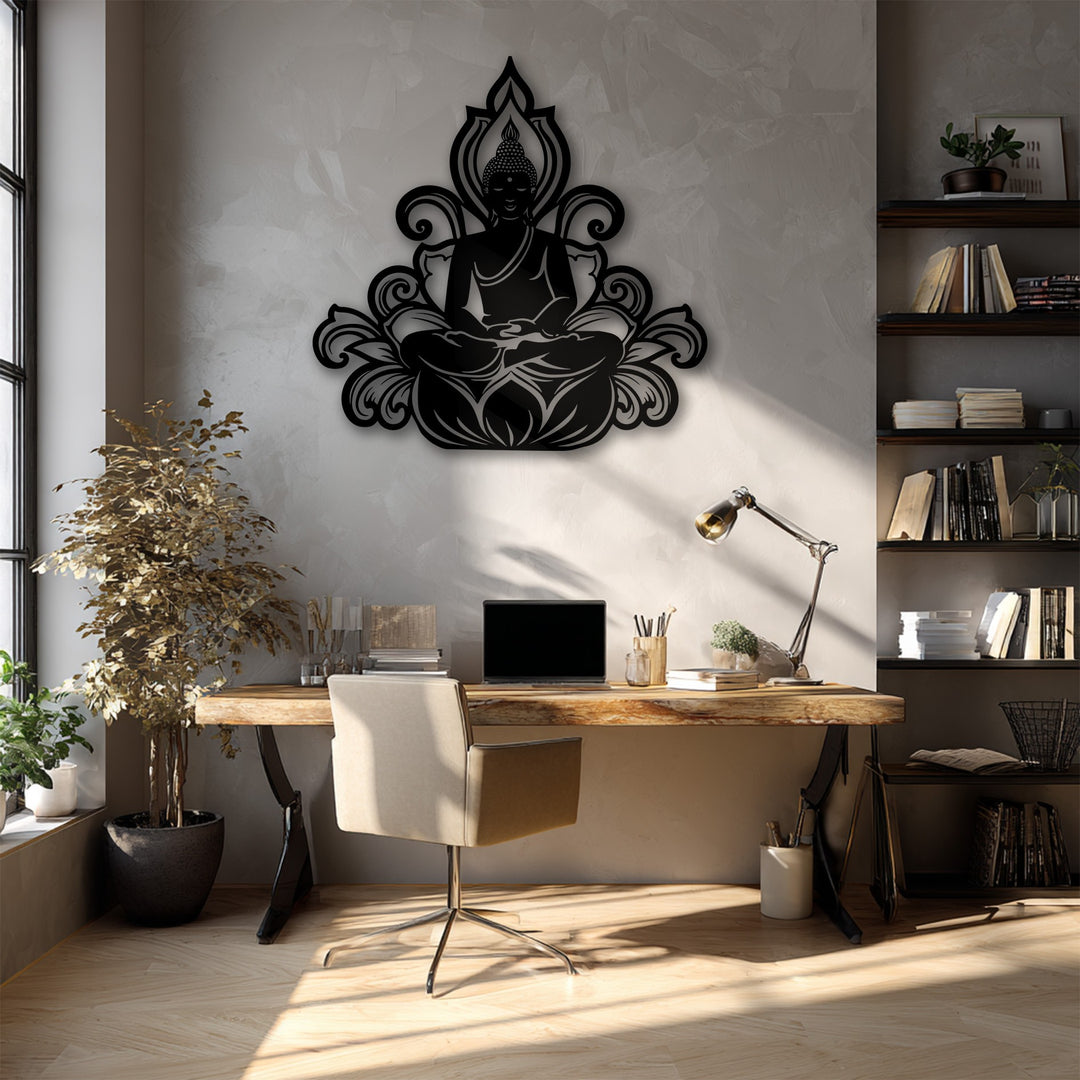 The textured light grey wall behind the unique metal wall art featuring a serene Buddha lotus silhouette creates a peaceful ambiance.