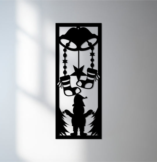 Suspended Christmas elf and bells designs in metal wall art suggest a playful sense of movement, making it a vibrant piece of holiday metal wall decor.