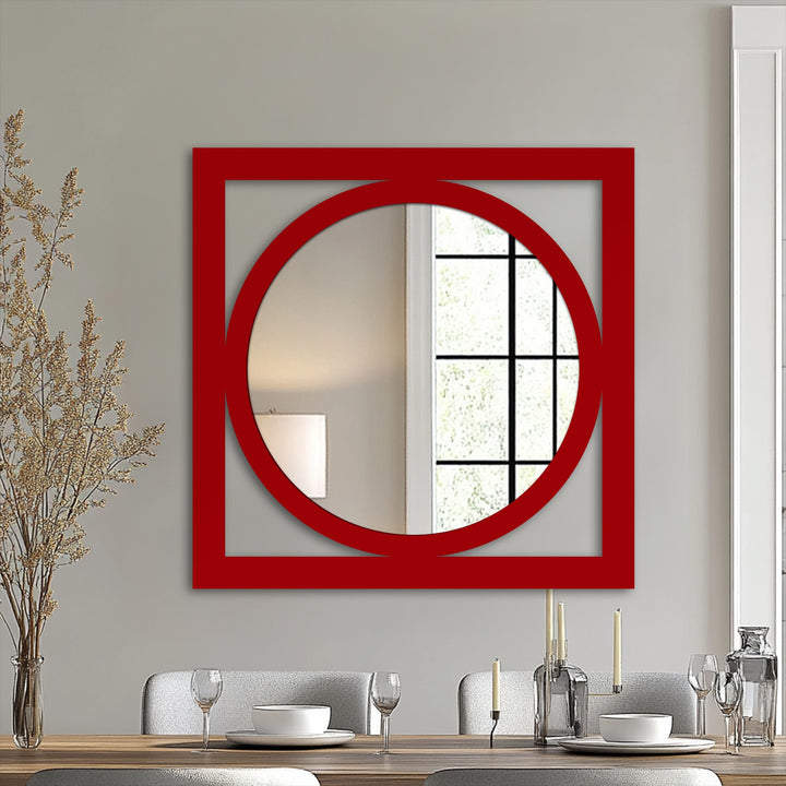 The bold red frame around this circle within square decorative wall mirror immediately catches the eye, offering a modern minimalist mirror for wall decor.