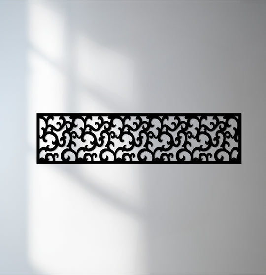 Showcasing the ornate elegance of a classic scroll metal wall art panel, this decorative metal art features a detailed laser-cut design.