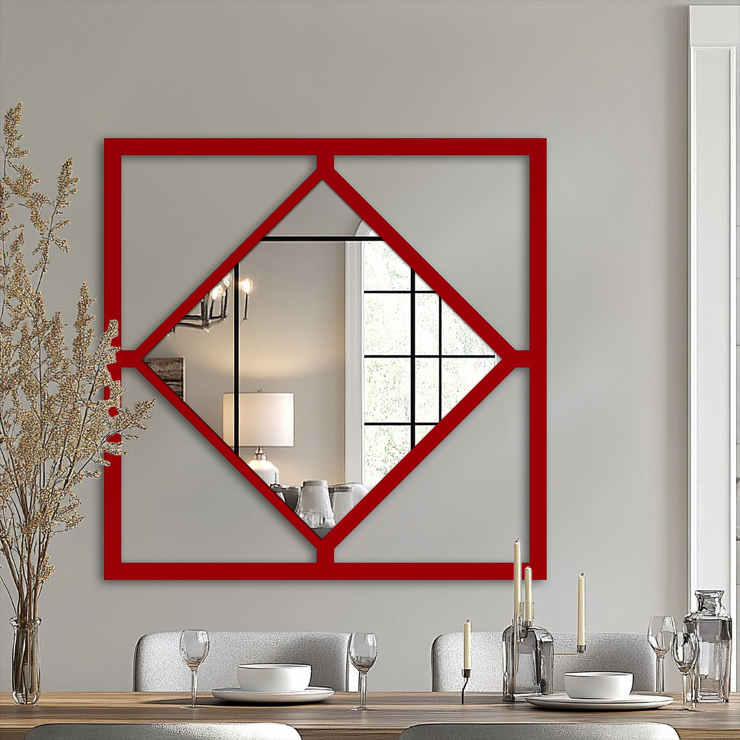 Framed square decorative mirror features a modern geometric diamond-shaped design, enhancing any space with a bold, artistic aesthetic as the central subject.