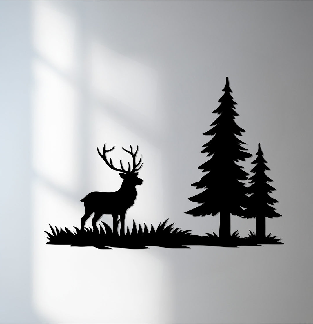 Rustic deer metal wall art with forest trees