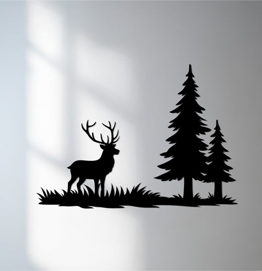 Evoking a tranquil mood, this lone stag in forest decorative metal art silhouette captures the calm serenity of a rustic nature scene.