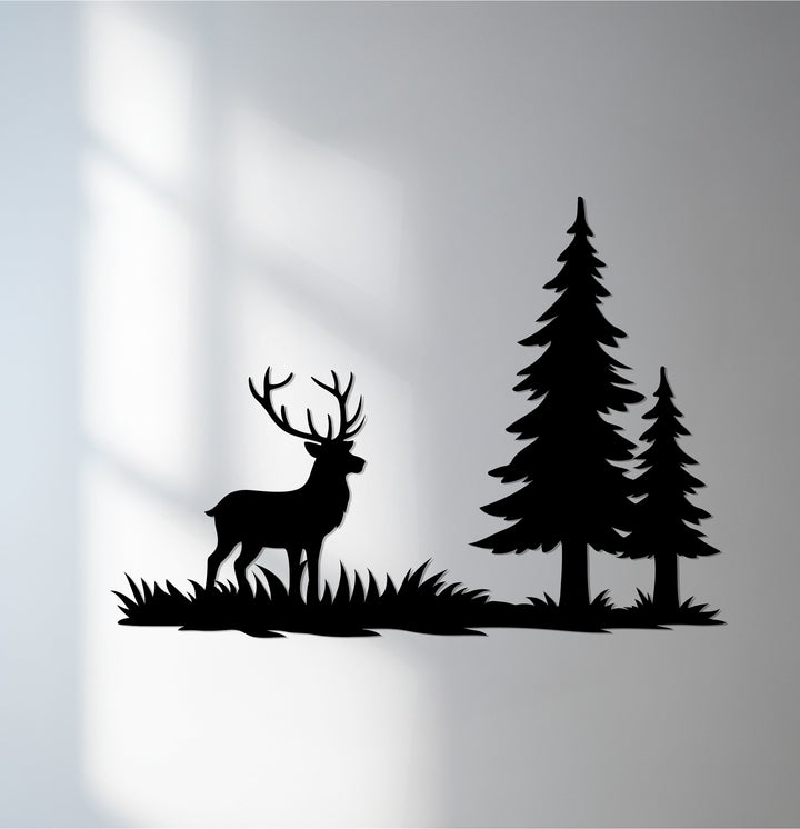 Rustic deer metal wall art with forest trees