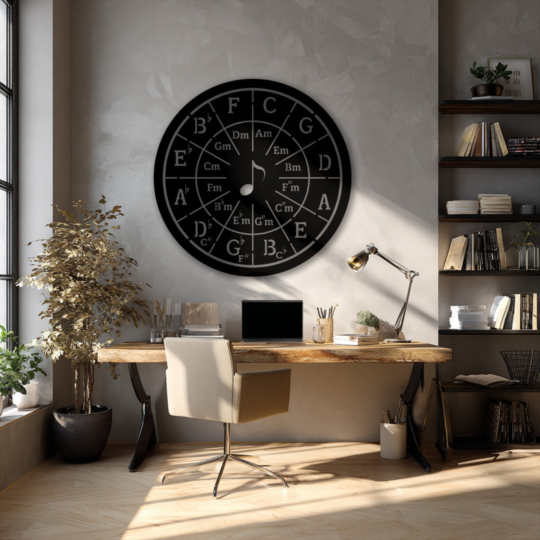 The robust black metal Circle of Fifths wall art provides durable, high-quality decoration wall art for any music theory enthusiast.