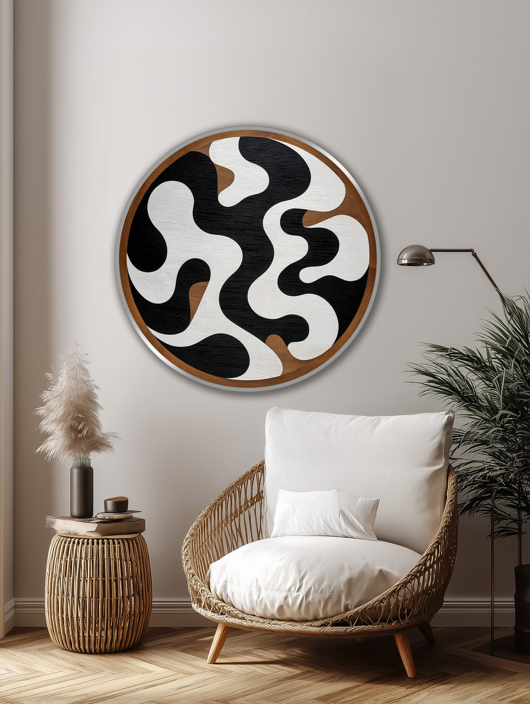 Bold color contrast defines this monochrome flow abstract round oil painting, showcasing dynamic black and white forms within the piece's circular design.