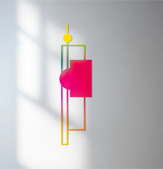 Showcasing decoration wall art, the central subject, a minimalist geometric metal art piece with a unique blend of lines and shapes in a modern abstract style.