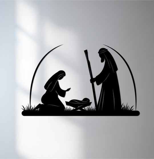 Detailed silhouette showcases a nativity scene metal artwork, the holy family rendered with sharp contrast in a captivating display of faith.