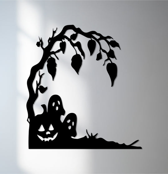High color contrast emphasizes the spooky Halloween decoration wall art, showcasing a pumpkin, ghosts, and a gnarled tree branch silhouette as striking decoration wall art.
