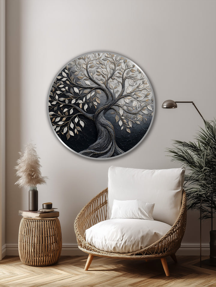 Textured surface of the Eternal Contrast – Dual Tone Tree of Life round oil painting art prints showcases a dimensional design with silver and charcoal detailing.