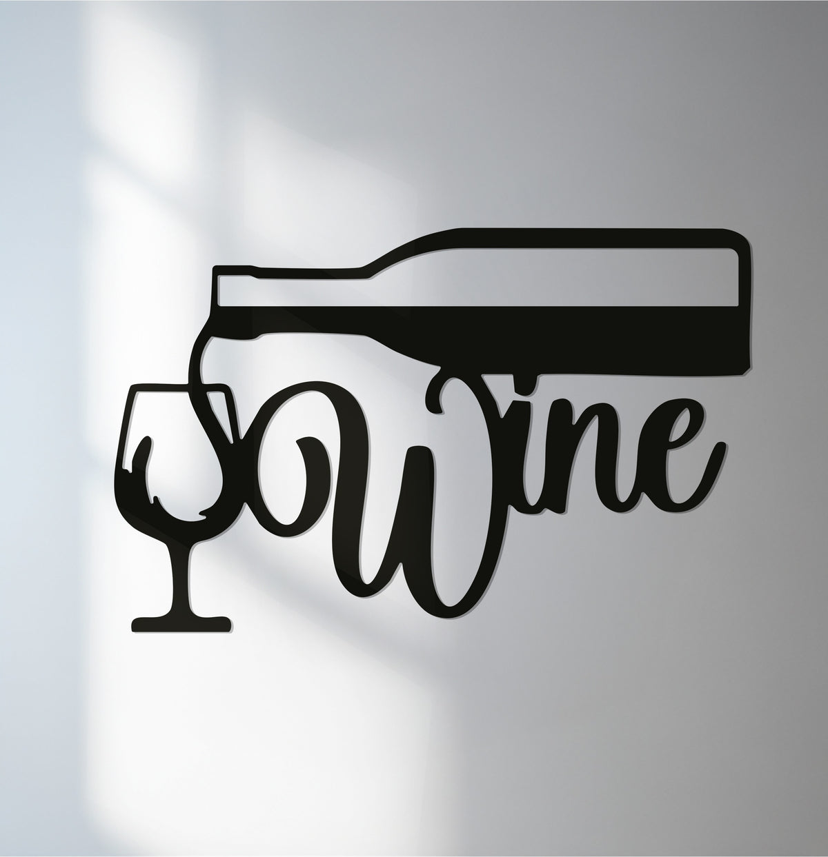 Showing depth and layers, this unique metal wall art features a wine bottle and glass in a striking silhouette design.