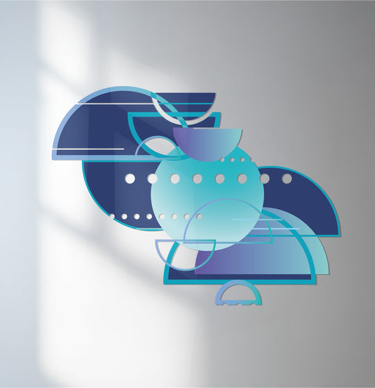 Blue geometric abstract metal wall art with circular design