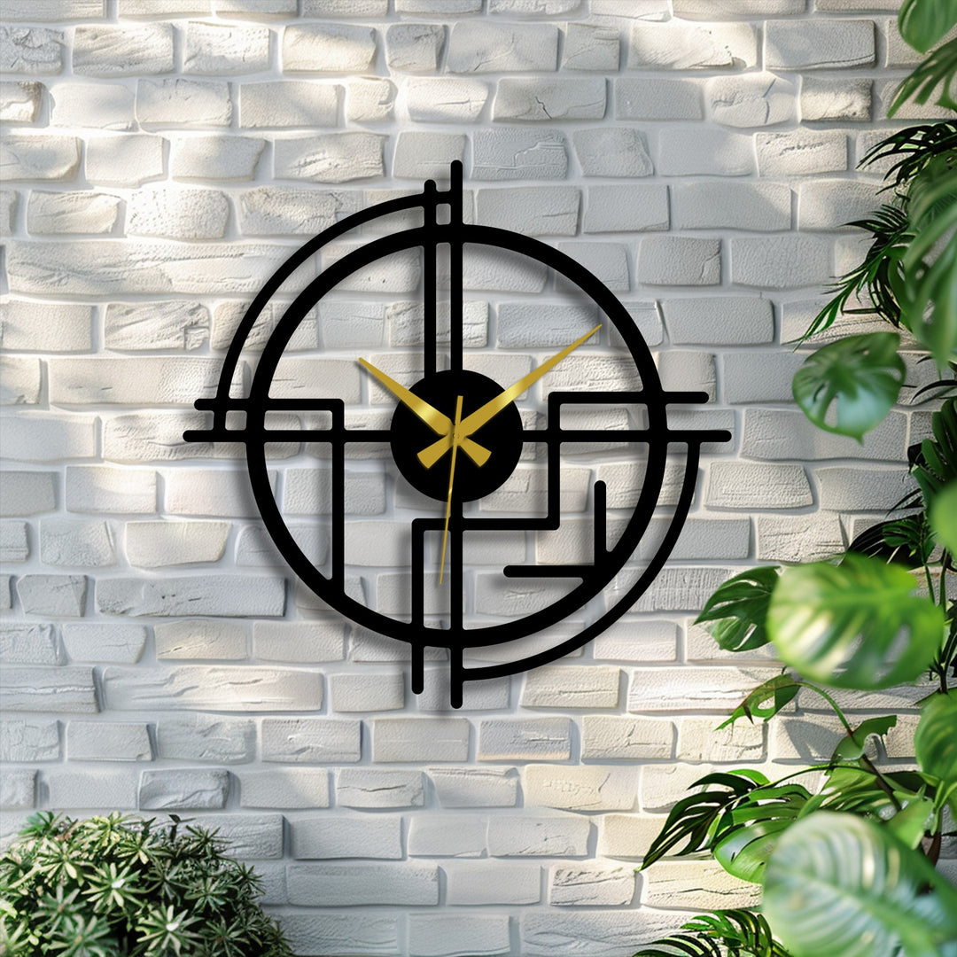Circular modern abstract line metal wall clock in a horizontal orientation features striking decorative metal art, enhancing its overall shape and unique design.