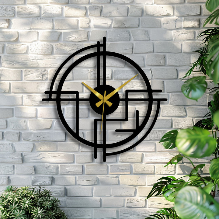 Circular modern abstract line metal wall clock in a horizontal orientation features striking decorative metal art, enhancing its overall shape and unique design.