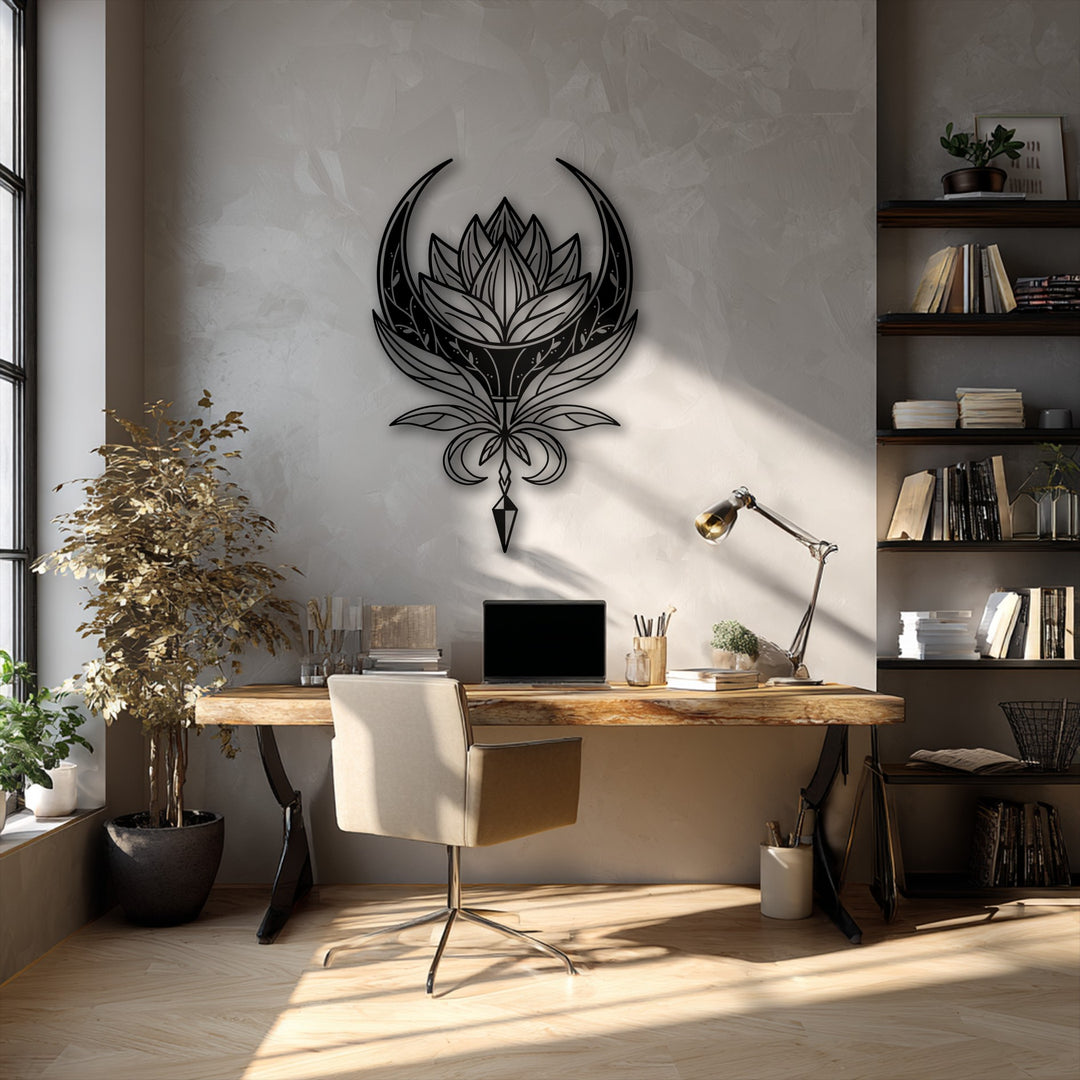 Bright sunlight illuminates the natural wood floor and textured wall, highlighting the intricate Celestial Lotus Emblem metal wall decor above the desk.