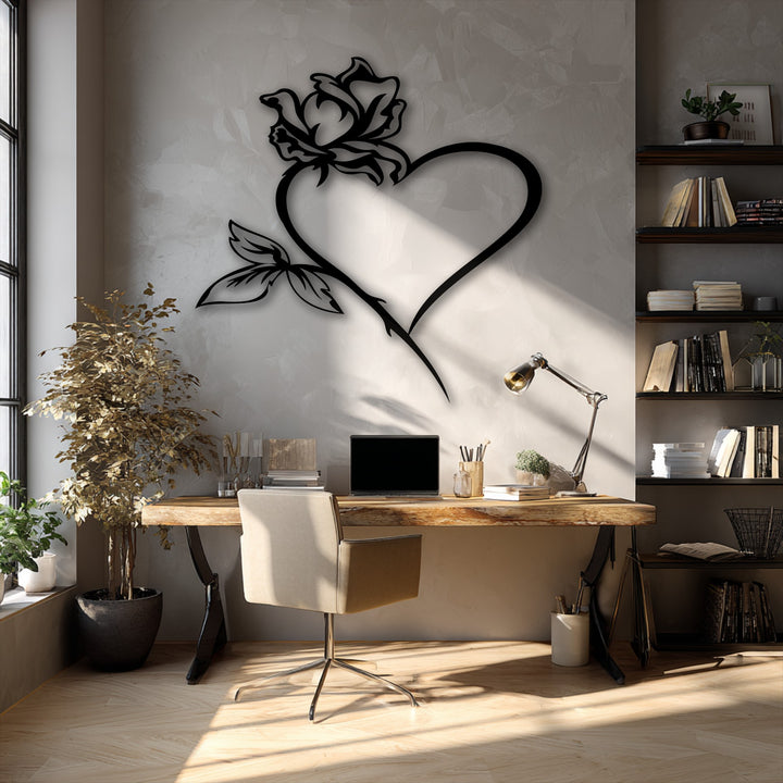 The brightly illuminated central wall showcases a striking Rose Heart Metal Wall Art, enhancing the room's decoration wall art.