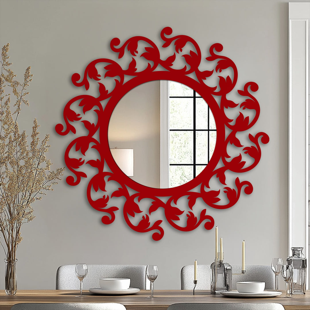 Floral Scroll Round Decorative Wall Mirror – Modern Botanical Mirror Wall Decor