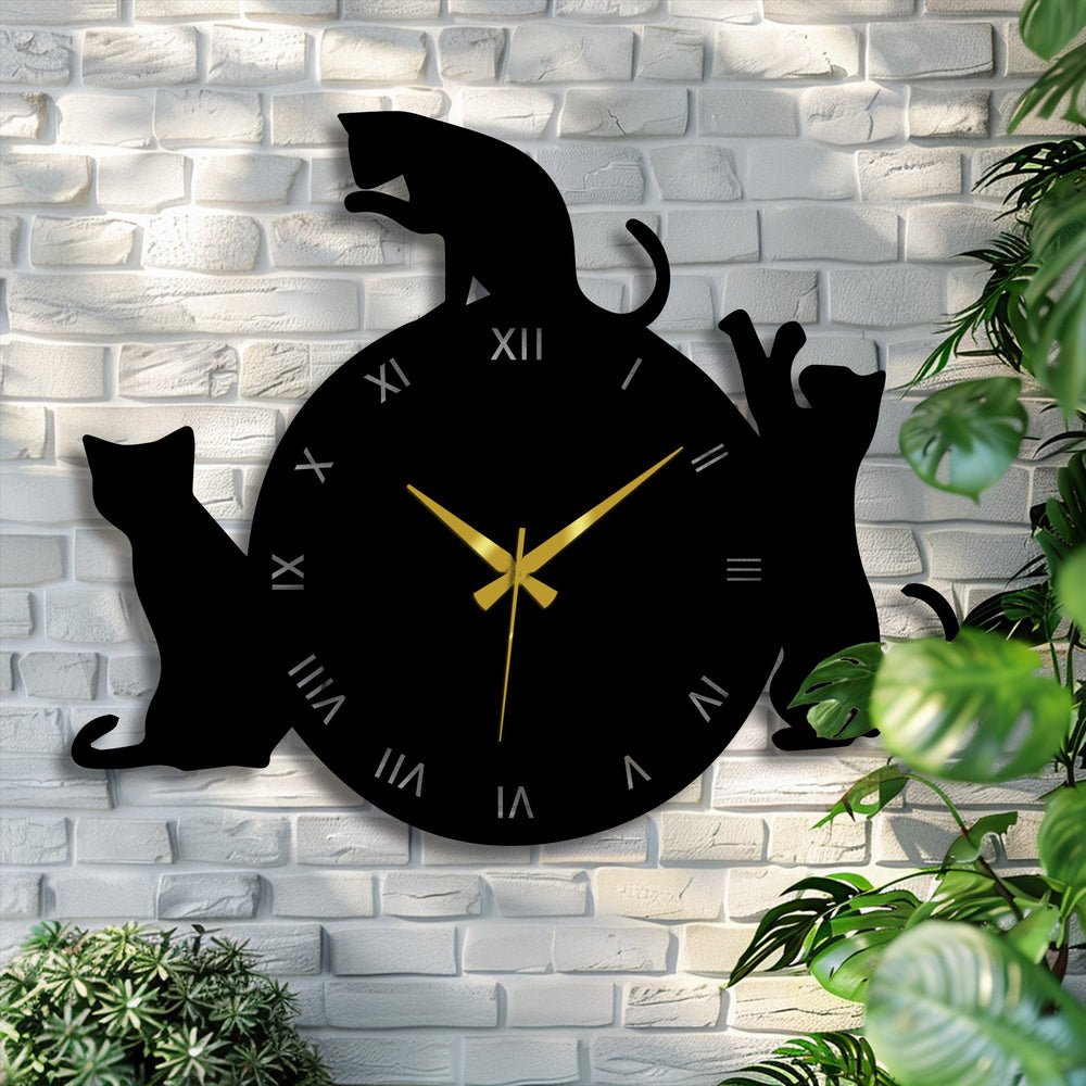 The black finish on the playful cat silhouette Roman numeral metal art for wall clock offers a sleek contrast against the bright wall.