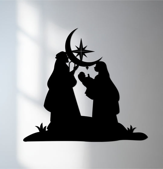 Emphasizing depth and layers, the black metal wall decor depicts a holy night blessing with the nativity scene silhouette overlapping a crescent moon and star for dramatic metal wall art.