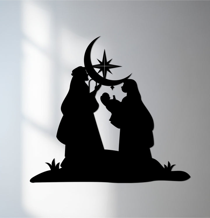 Holy Family Nativity Metal Wall Art under crescent moon and star