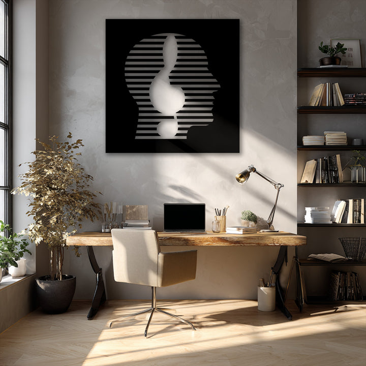 A calm and contemporary atmosphere is enhanced by the striking Modern Abstract Face metal wall decor, inspiring thought and creativity.