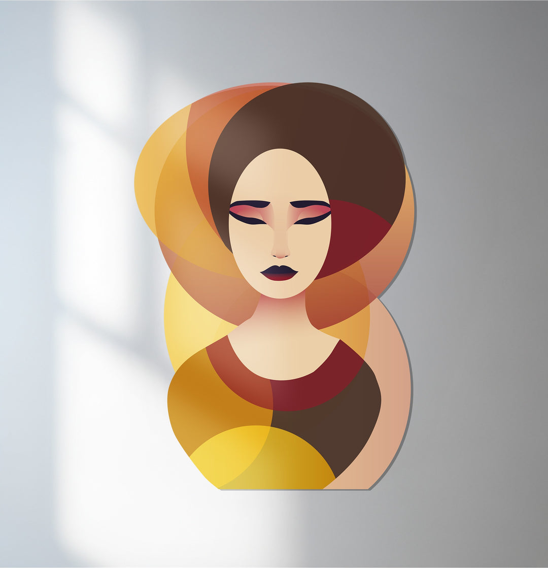 Serene woman face metal wall art in warm amber and gold tones