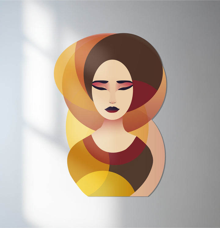 Serene woman face metal wall art in warm amber and gold tones